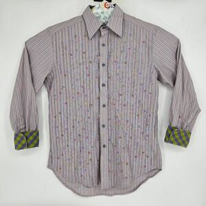 Robert‎ Graham Shirt Mens Medium Striped Embroidered Floral Accents Button Up